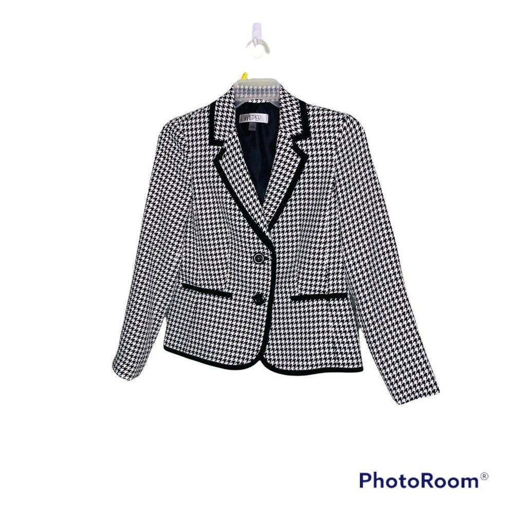 Kasper Womens Size 8 Black White Houndstooth 2 Button Blazer